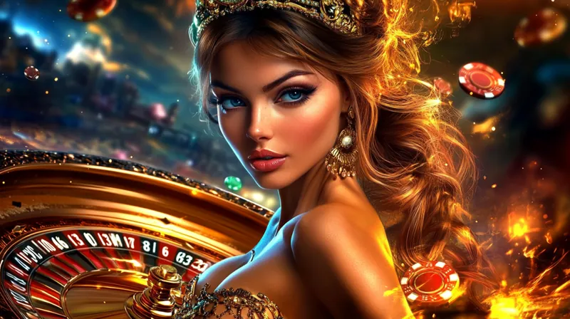 Elegant woman with golden crown near spinning roulette wheel with flying poker chips