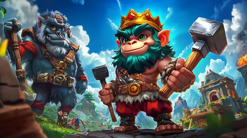 Colorful cartoon monkey characters with hammers in fantasy adventure game world