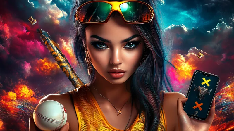 Stylish woman with sunglasses holding cricket ball and mobile phone for sports betting